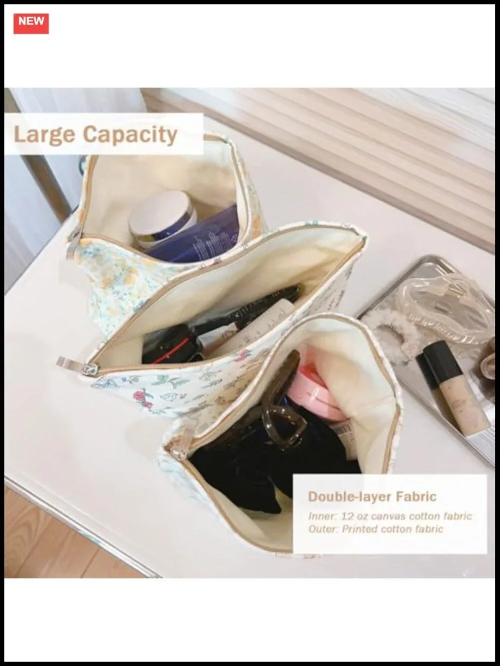 Large Floral Canvas Cosmetic Bag Makeup Organizer Toiletry Travel Pouch